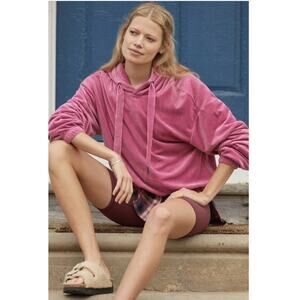 Anthropologie Daily Practice Pink Hooded Velvet Cropped Sweatshirt Sz L